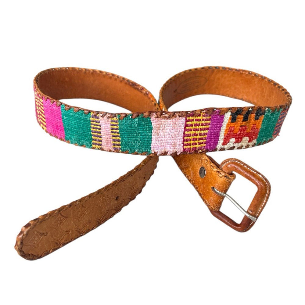 Vintage Guatemalan Woven Belt Leather Cotton Handcrafted Boho Size S/M